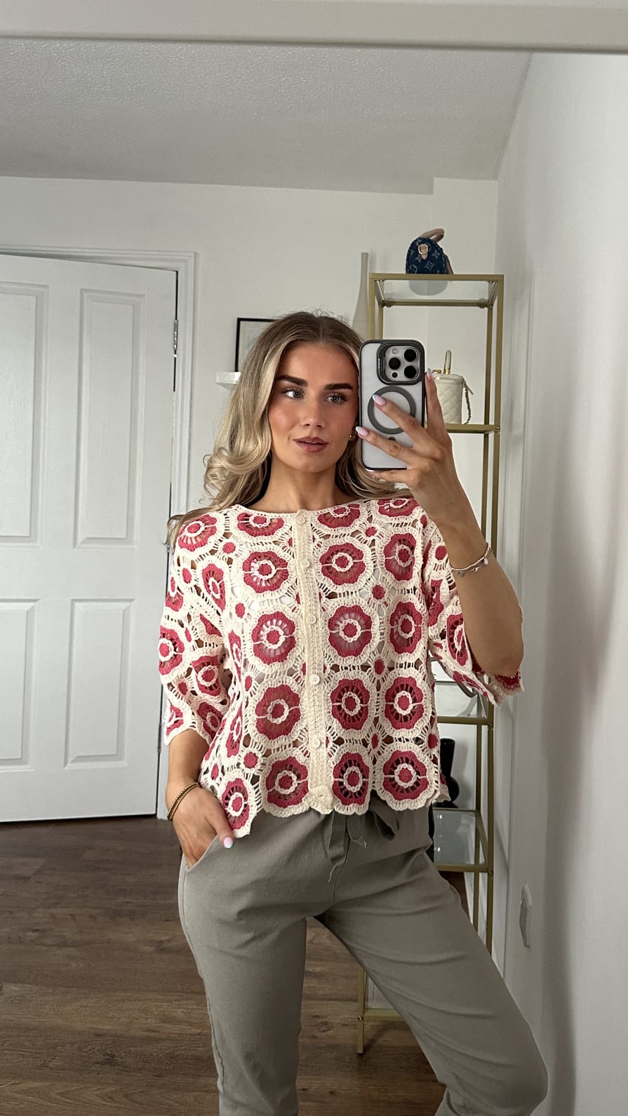 Floral Crochet Button-Front Top - Pink