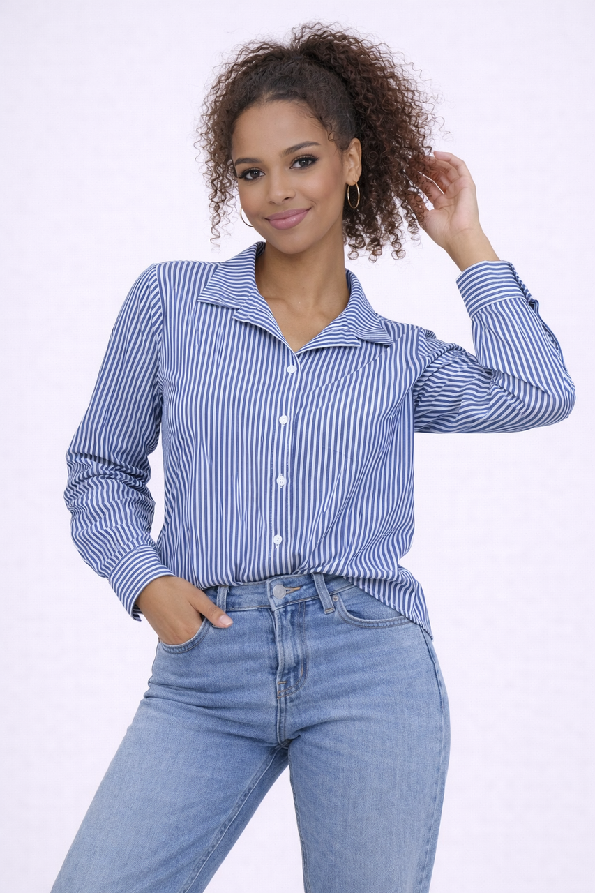 Pinstripe Button Long Sleeve Collared Shirt - Navy
