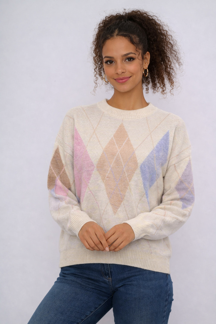 Pastel Argyle Gebreide Trui - Wit