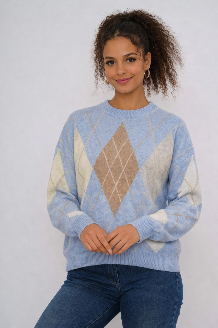 Pastel Argyle Gebreide Trui - Zachtblauw