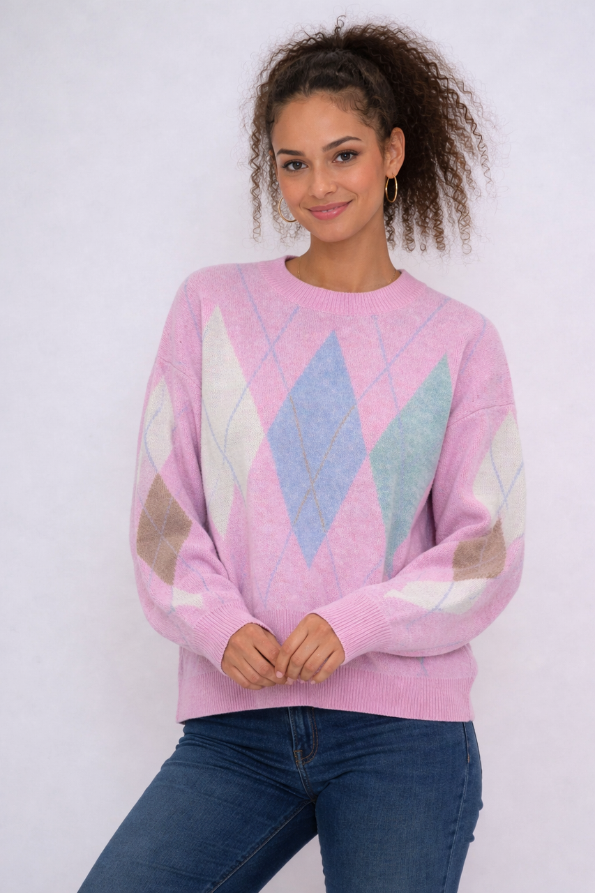 Pastel Argyle Gebreide Trui - Zachtroze