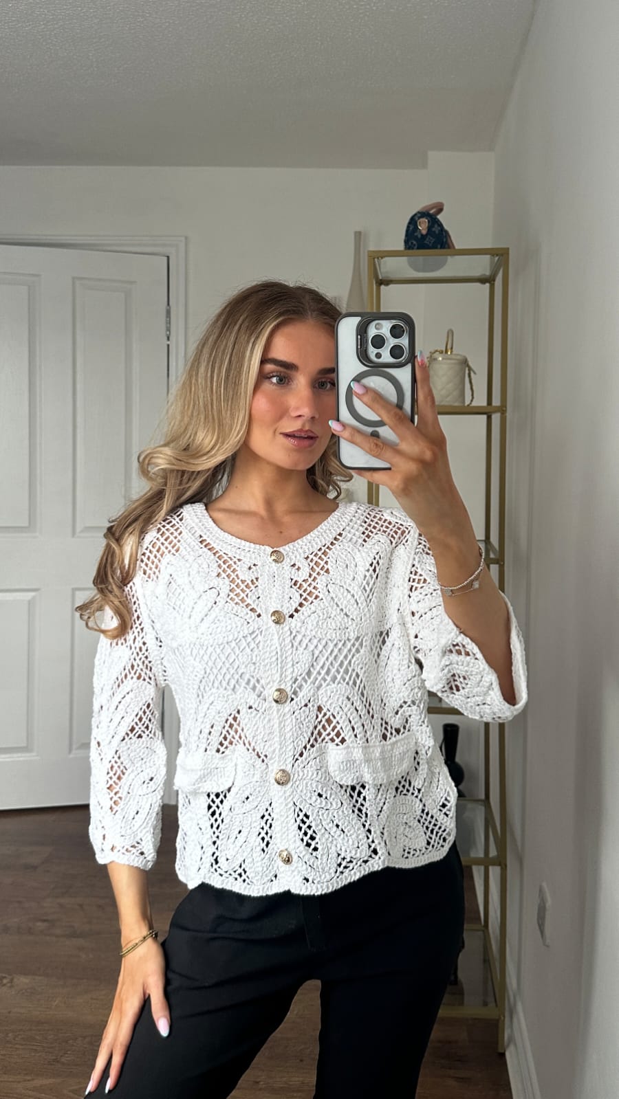 Open-Weave Crochet Cardigan with Gold Button Detail & Front Pockets - White