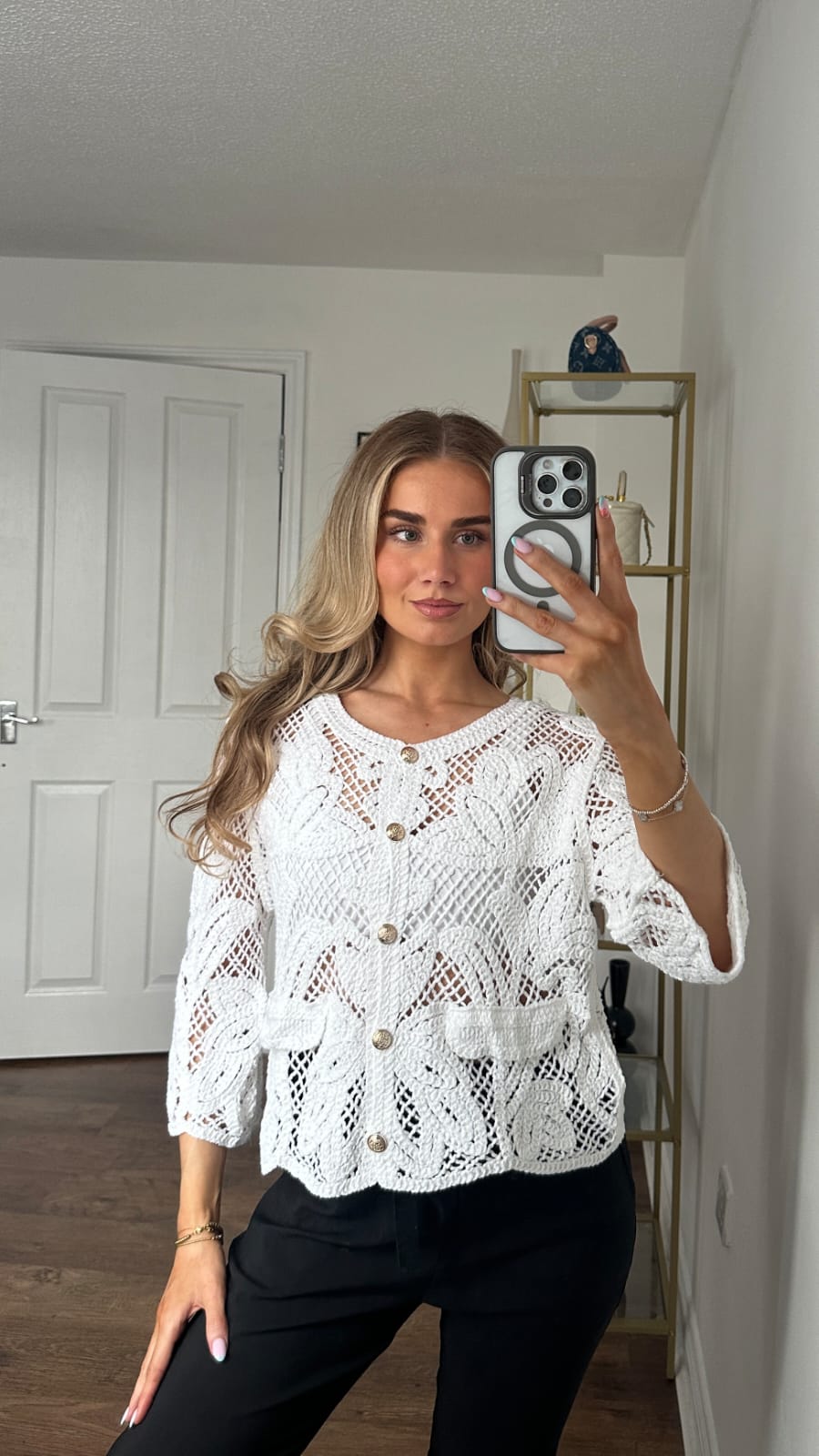 Open-Weave Crochet Cardigan with Gold Button Detail & Front Pockets - White