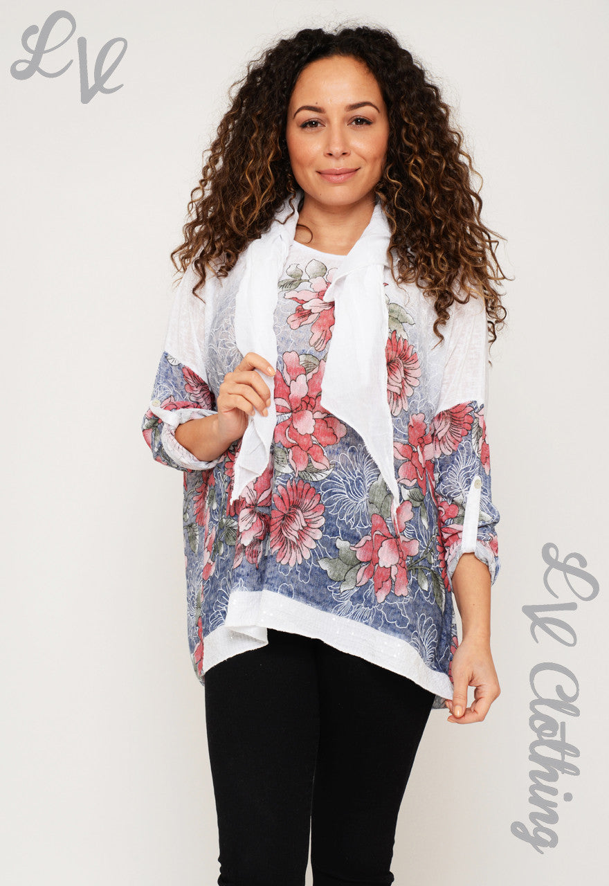 Ladies Flower Print Top with Embellished Hem and Scarf £10.99