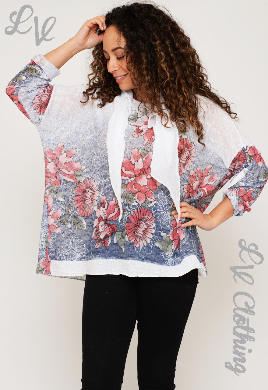 Ladies Flower Print Top with Embellished Hem and Scarf £10.99
