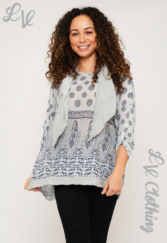 Floral bohemian print tunic top with draped scarf, light blue and white