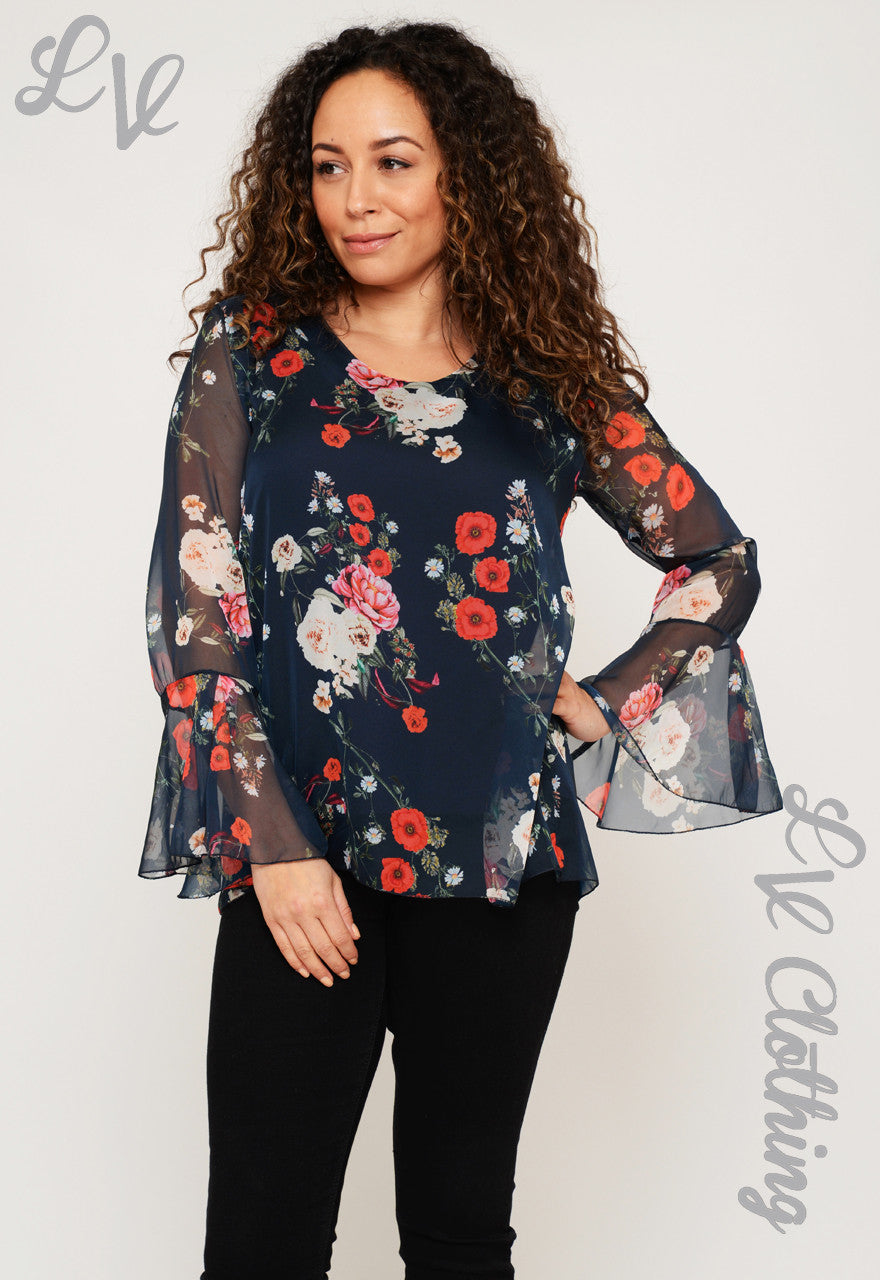Ladies Floral Poppy Print Blouse with Flared Sleeves £10.99