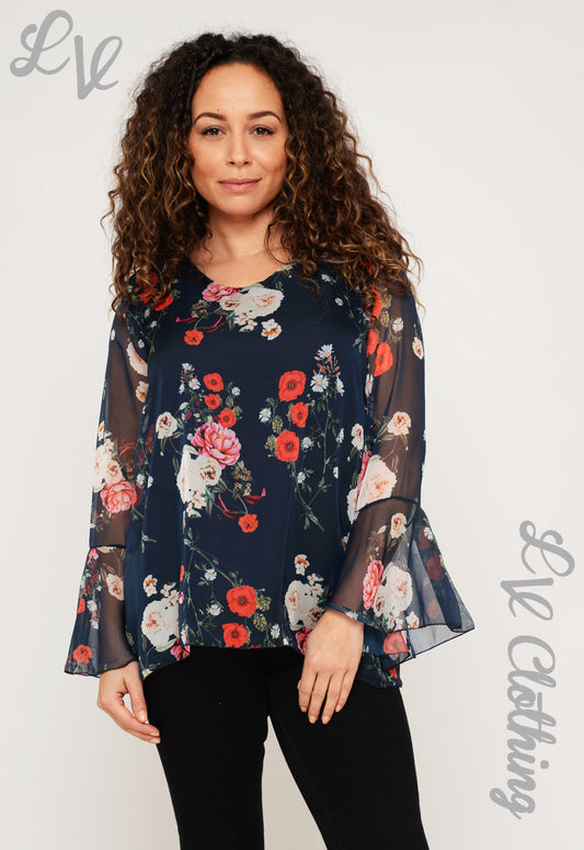 Floral poppy print blouse with flared sleeves, dark navy with red and pink flowers