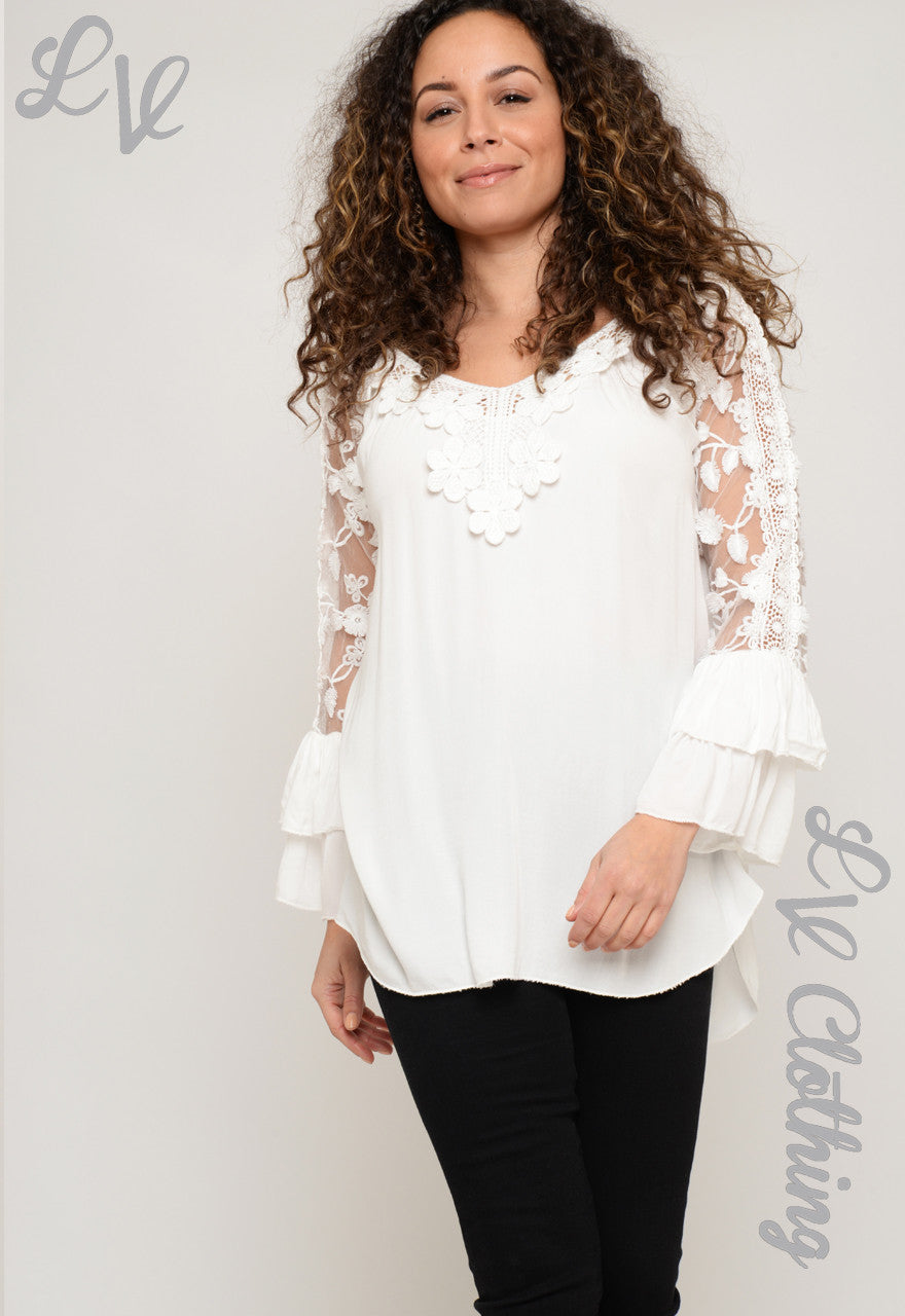 Ladies Crocheted Top with Sheer Floral Sleeves £15.99