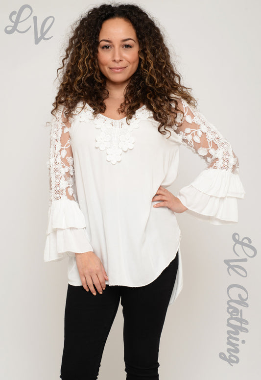 Ladies crocheted top with sheer floral lace sleeves, white with scalloped neckline