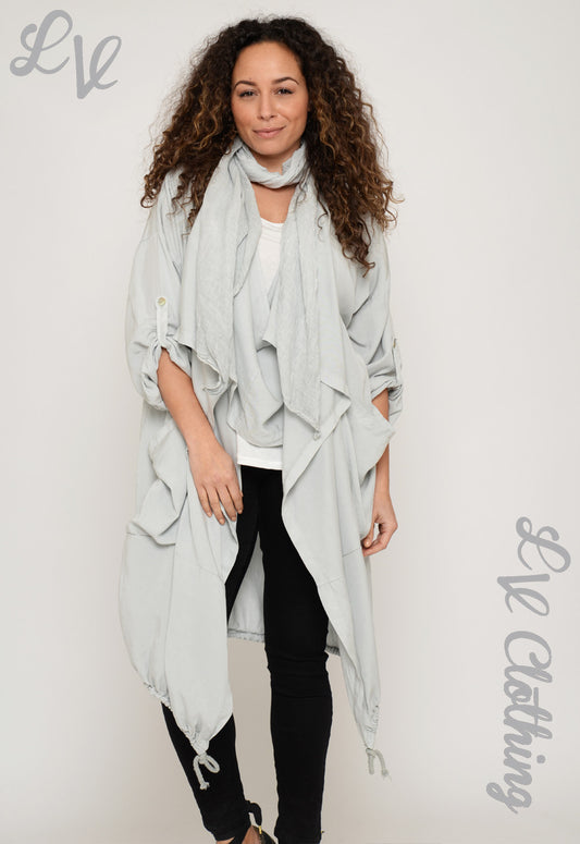 Lagenlook drawstring jacket with matching scarf, light sage, layered open front
