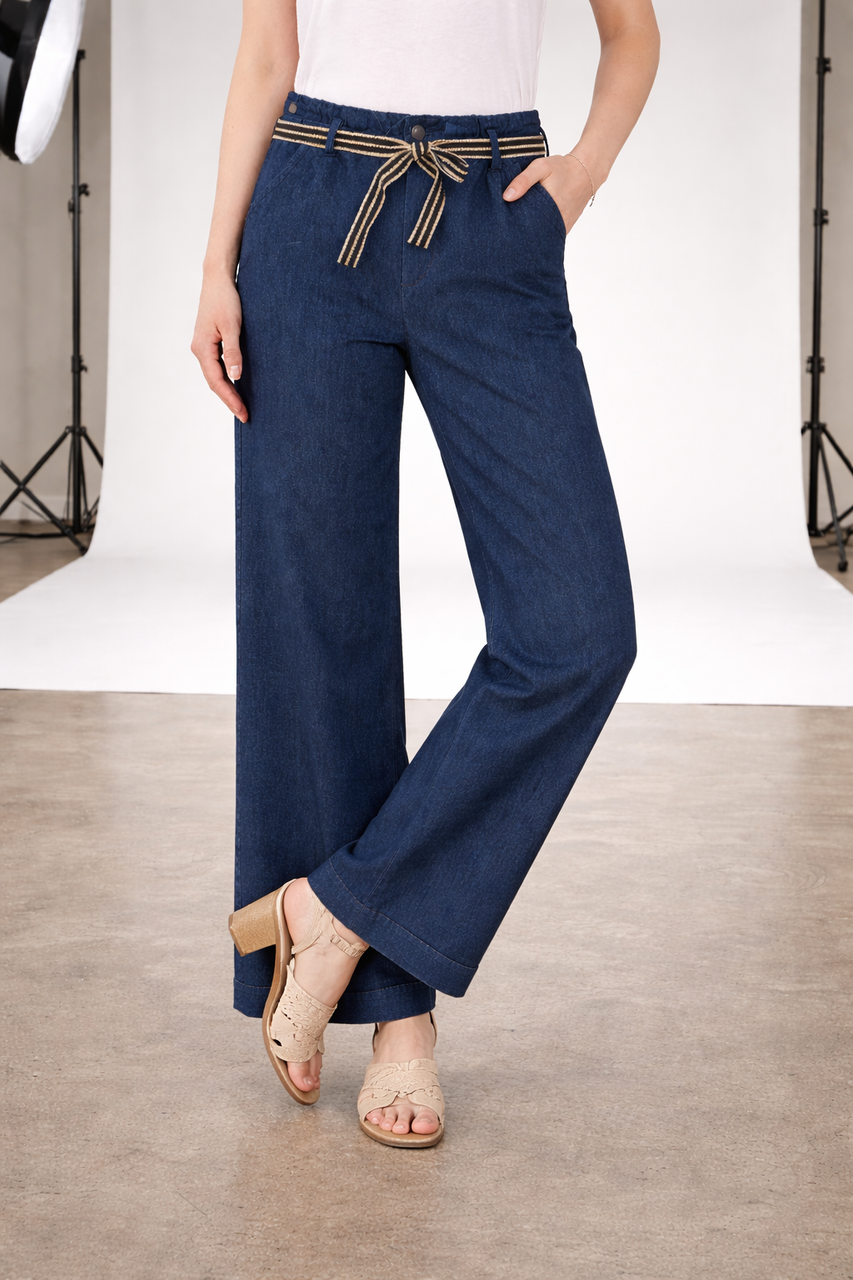 Wijde pijpen broek met gestreepte strikceintuur - Marineblauw
