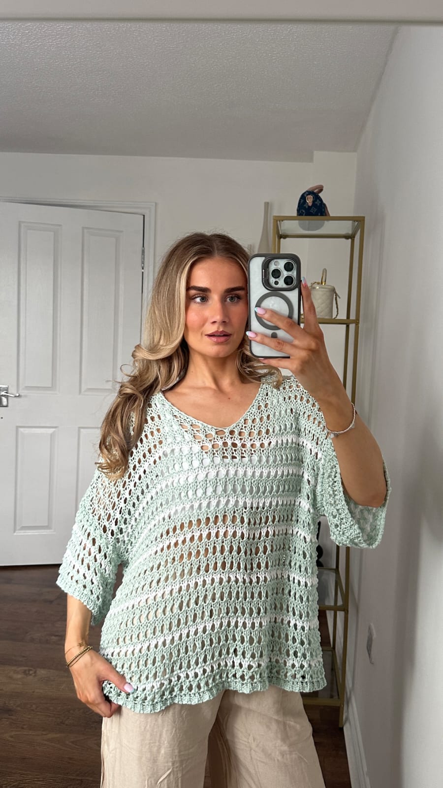 Oversized Open-Weave Crochet Top with V-Neck & 3/4 Sleeves - Mint