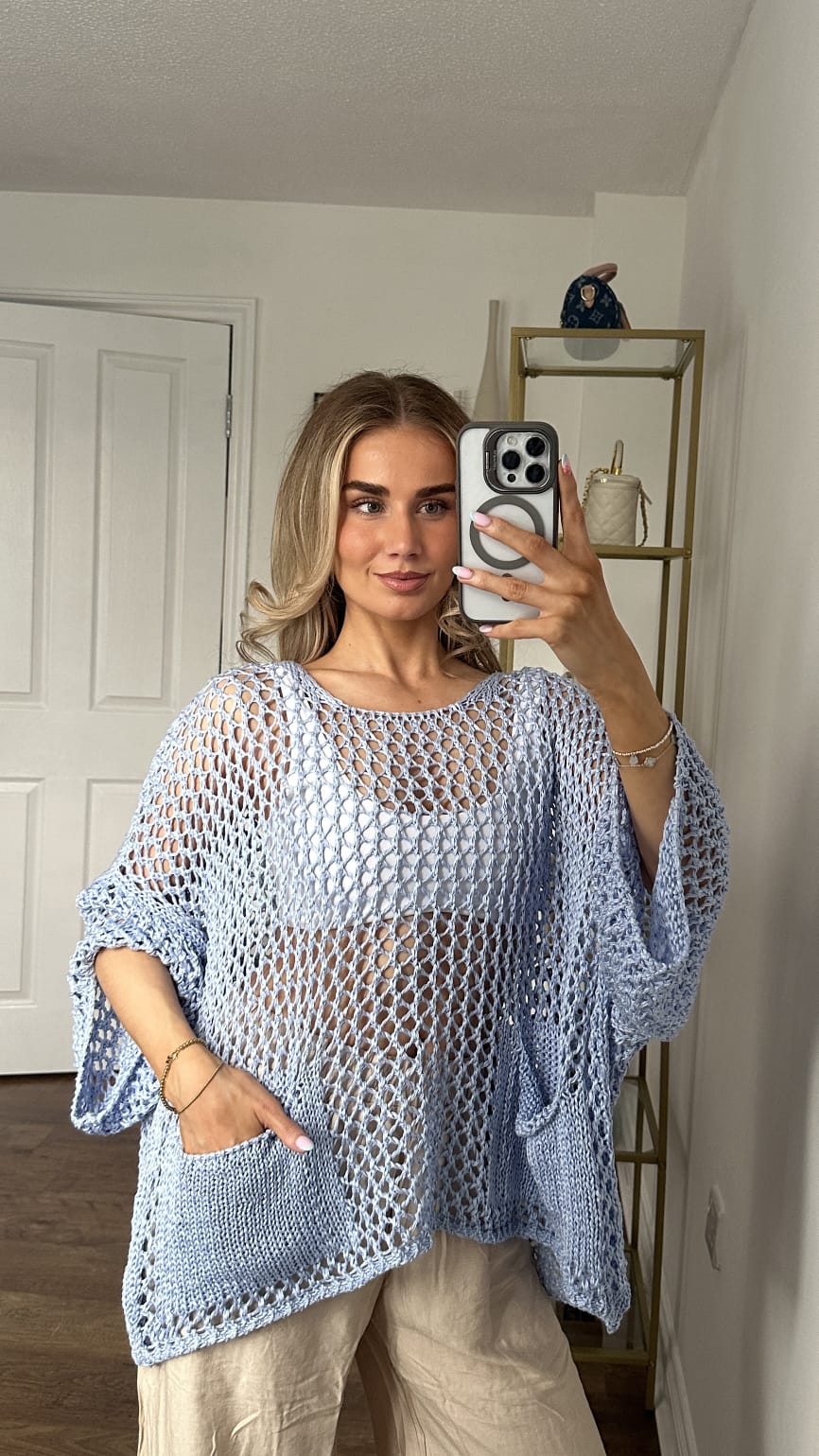 Oversized Mesh Knit Poncho Top with Front Pocket & Batwing Sleeves - Light Blue
