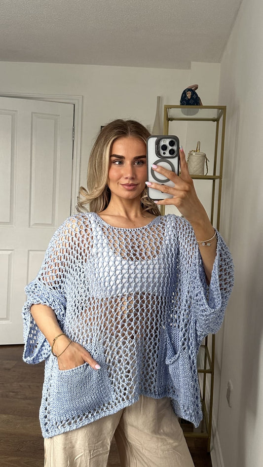 Oversized Mesh Knit Poncho Top with Front Pocket & Batwing Sleeves - Light Blue