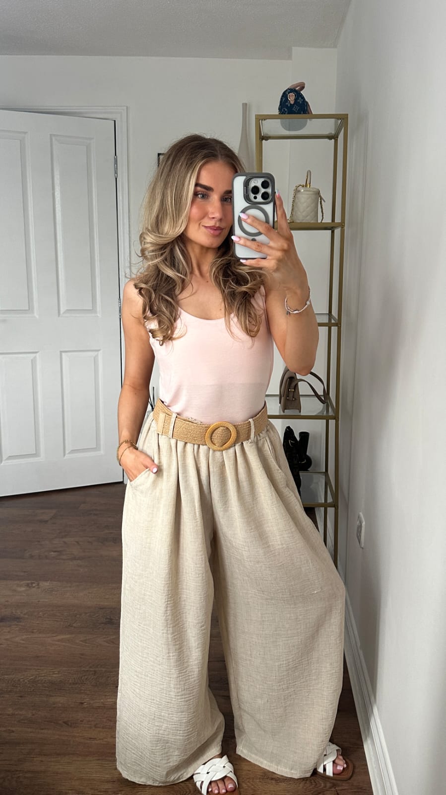 Natural Linen Wide-Leg Palazzo Trousers with Elasticated Waist & Side Pockets - Beige