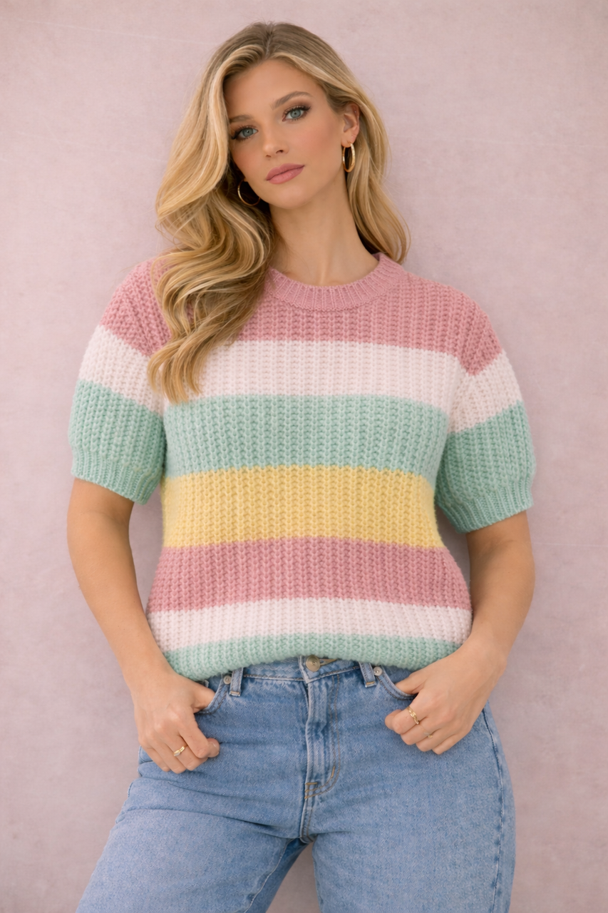 Pastel Stripe Short Sleeve Knitted Jumper Top - Dusty Pink