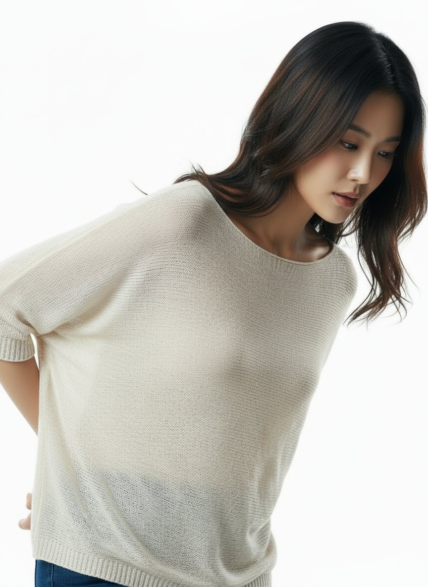 Knit Sweater with Floral Button Back Detail - Beige