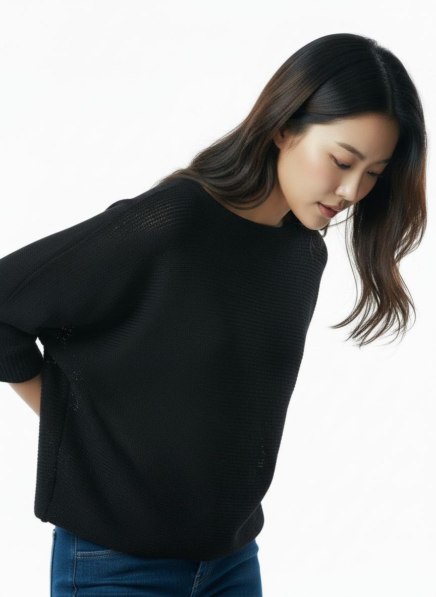 Knit Sweater with Floral Button Back Detail - Black