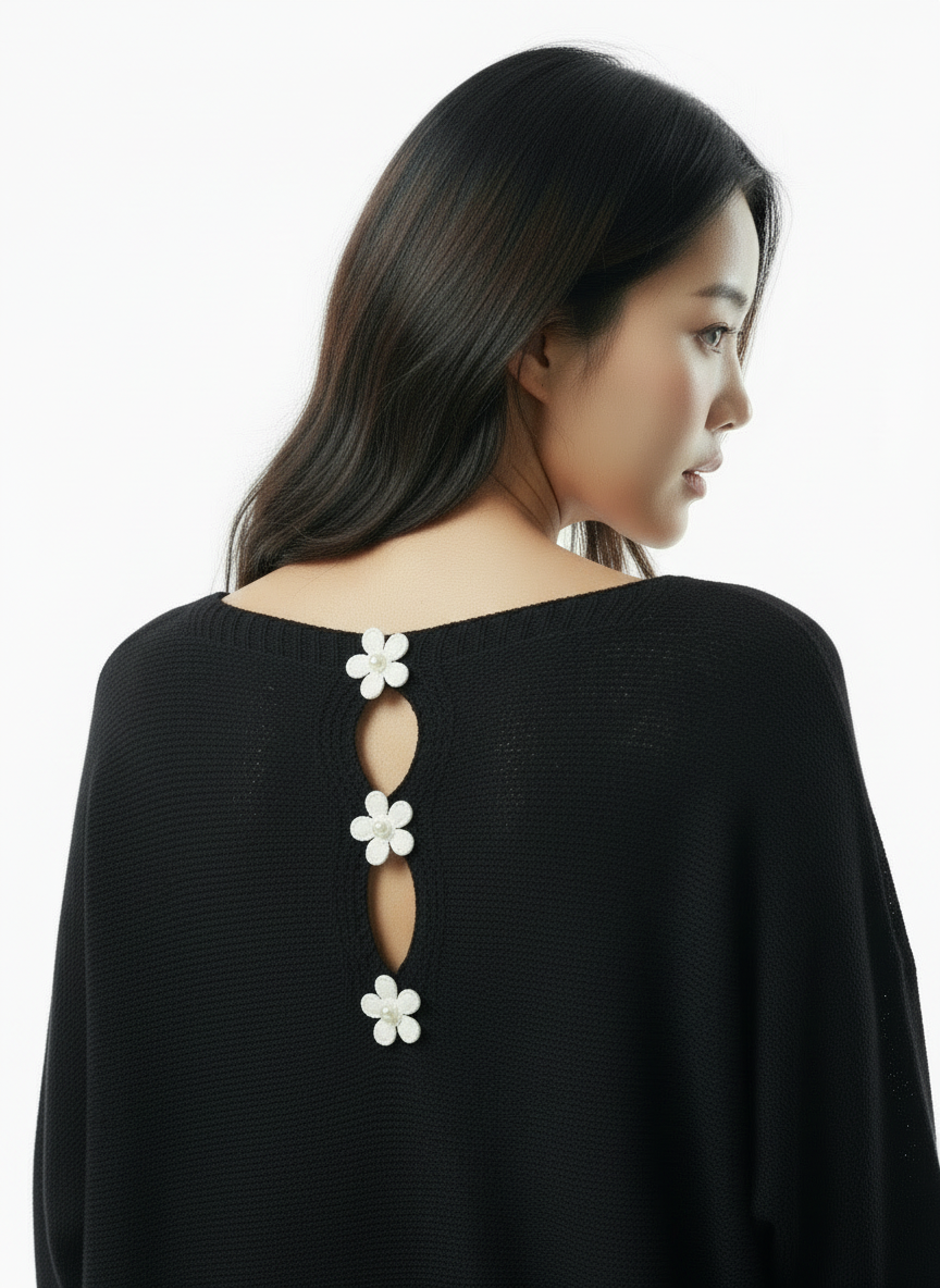 Knit Sweater with Floral Button Back Detail - Black