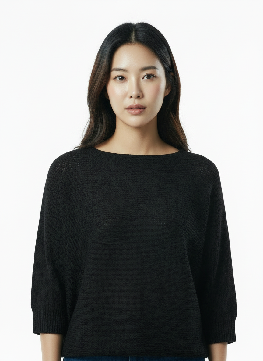 Knit Sweater with Floral Button Back Detail - Black