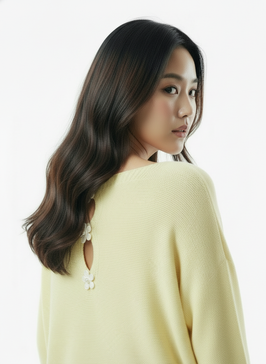 Knit Sweater with Floral Button Back Detail - Lemon