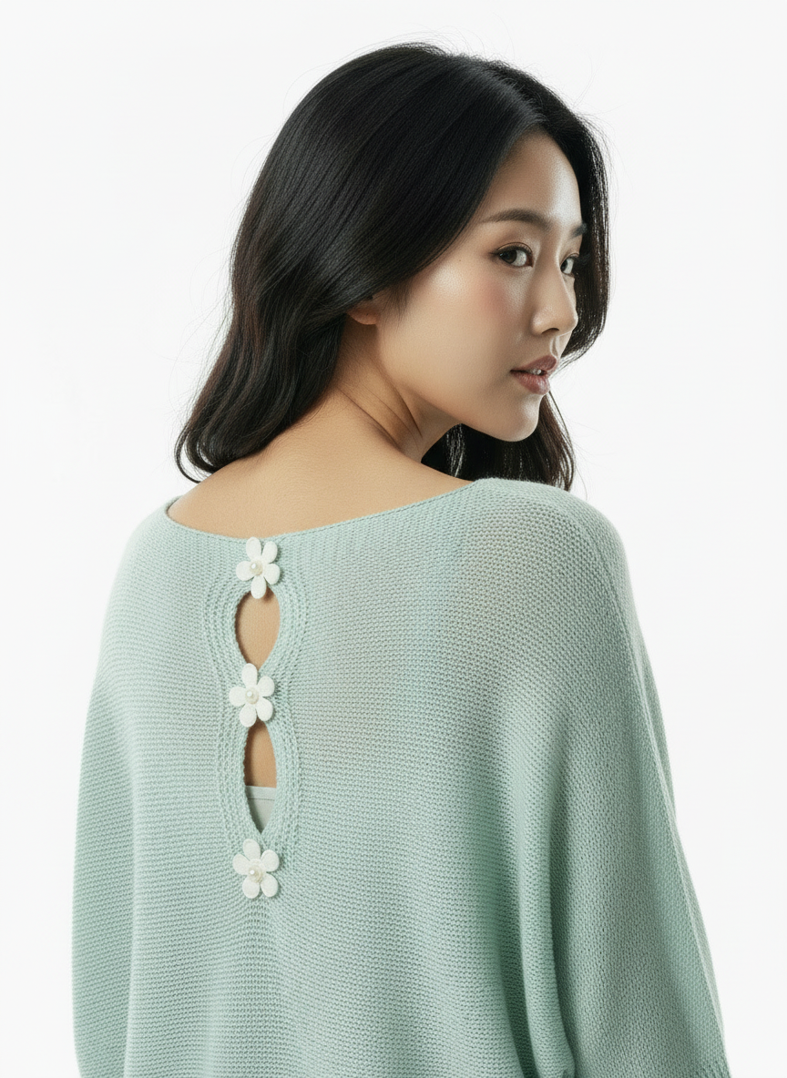 Knit Sweater with Floral Button Back Detail - Mint