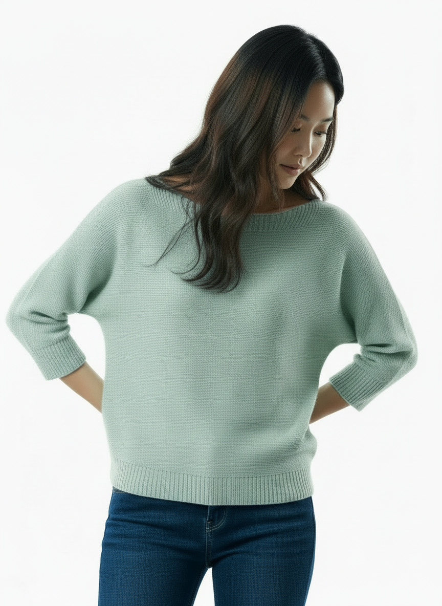 Knit Sweater with Floral Button Back Detail - Mint