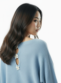 Knit Sweater with Floral Button Back Detail - Sky Blue