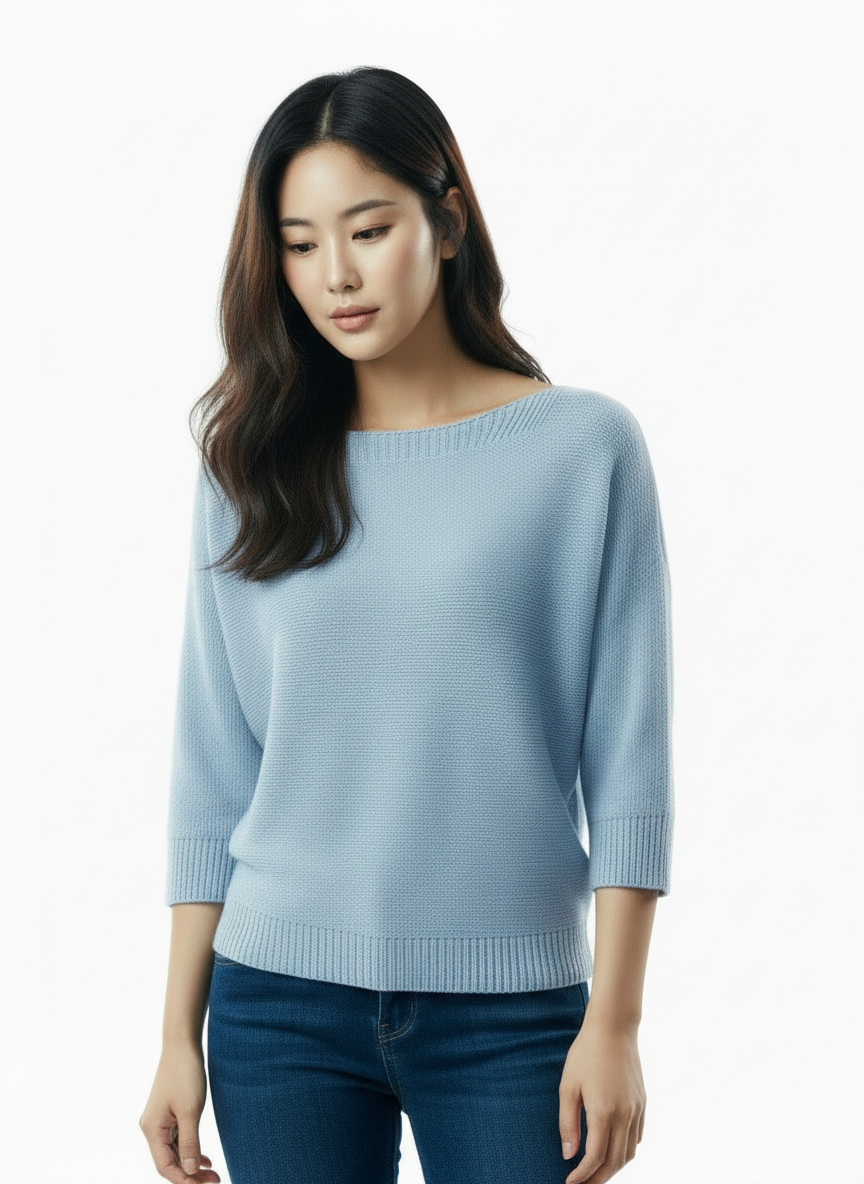 Knit Sweater with Floral Button Back Detail - Sky Blue