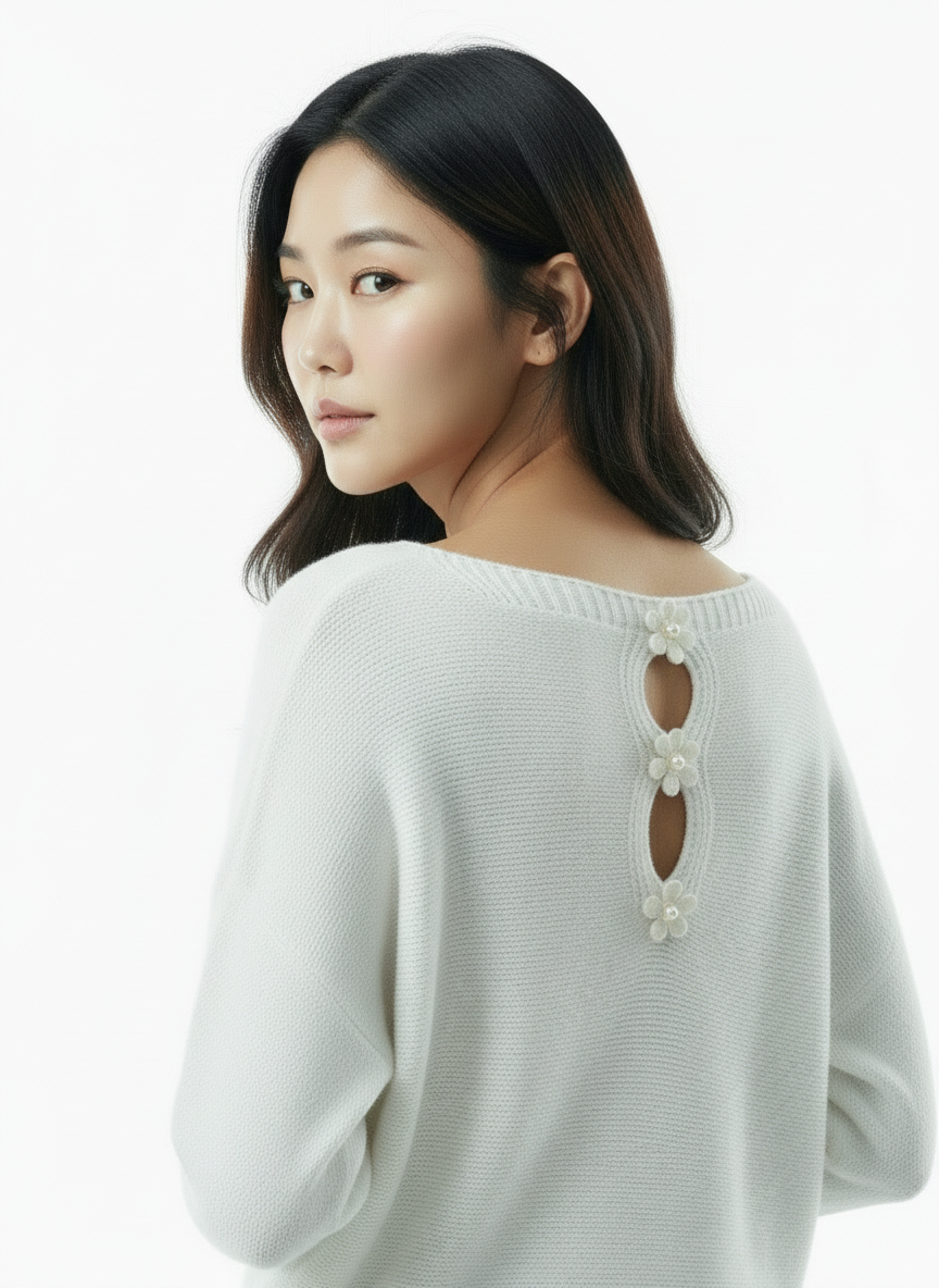 Knit Sweater with Floral Button Back Detail - White