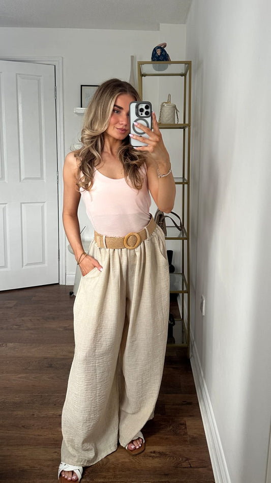 Natural Linen Wide-Leg Palazzo Trousers with Elasticated Waist & Side Pockets - Beige