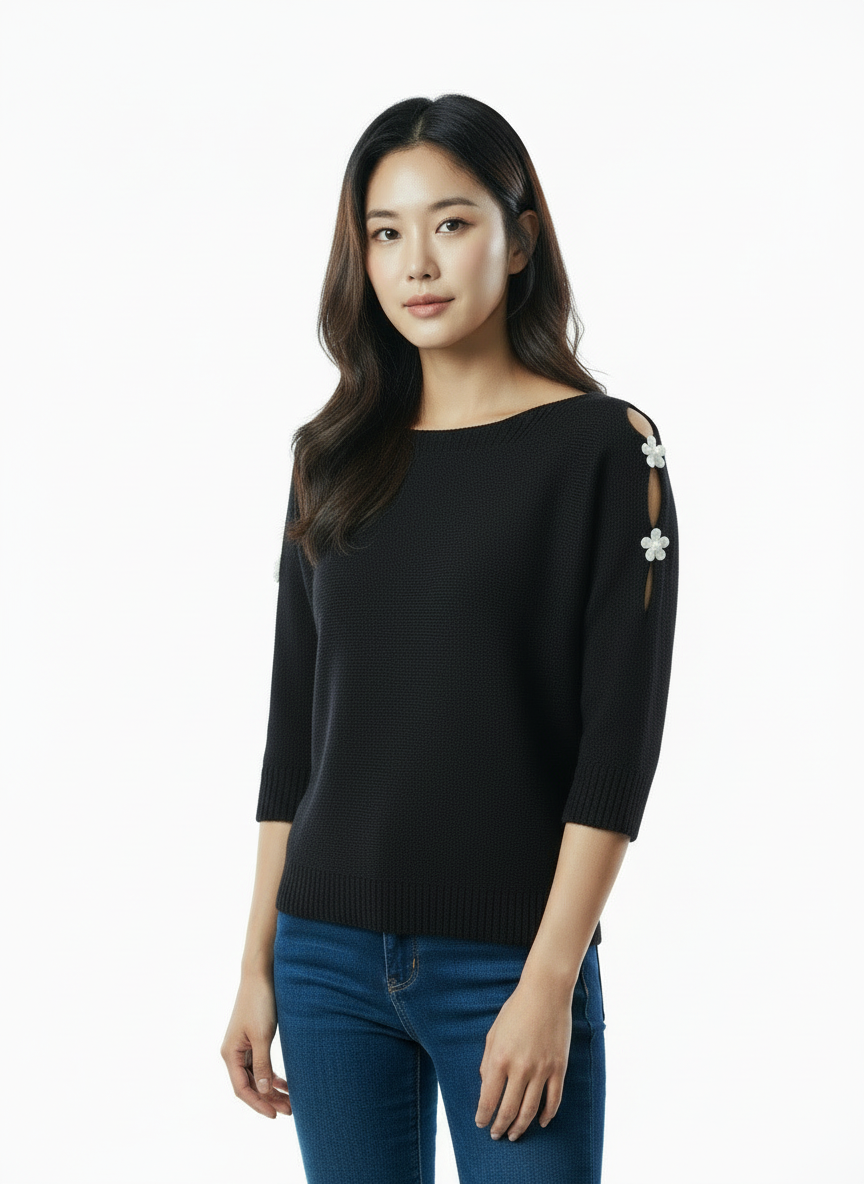 Elegant Cutout Shoulder Knit Sweater - Black