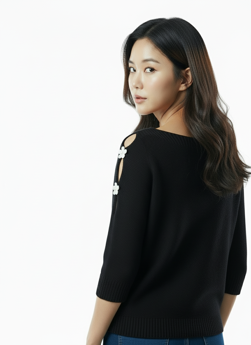 Elegant Cutout Shoulder Knit Sweater - Black