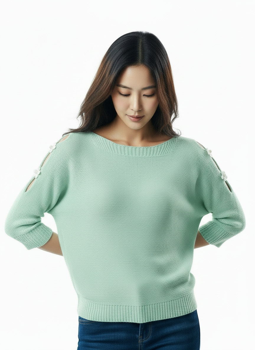 Elegant Cutout Shoulder Knit Sweater - Mint