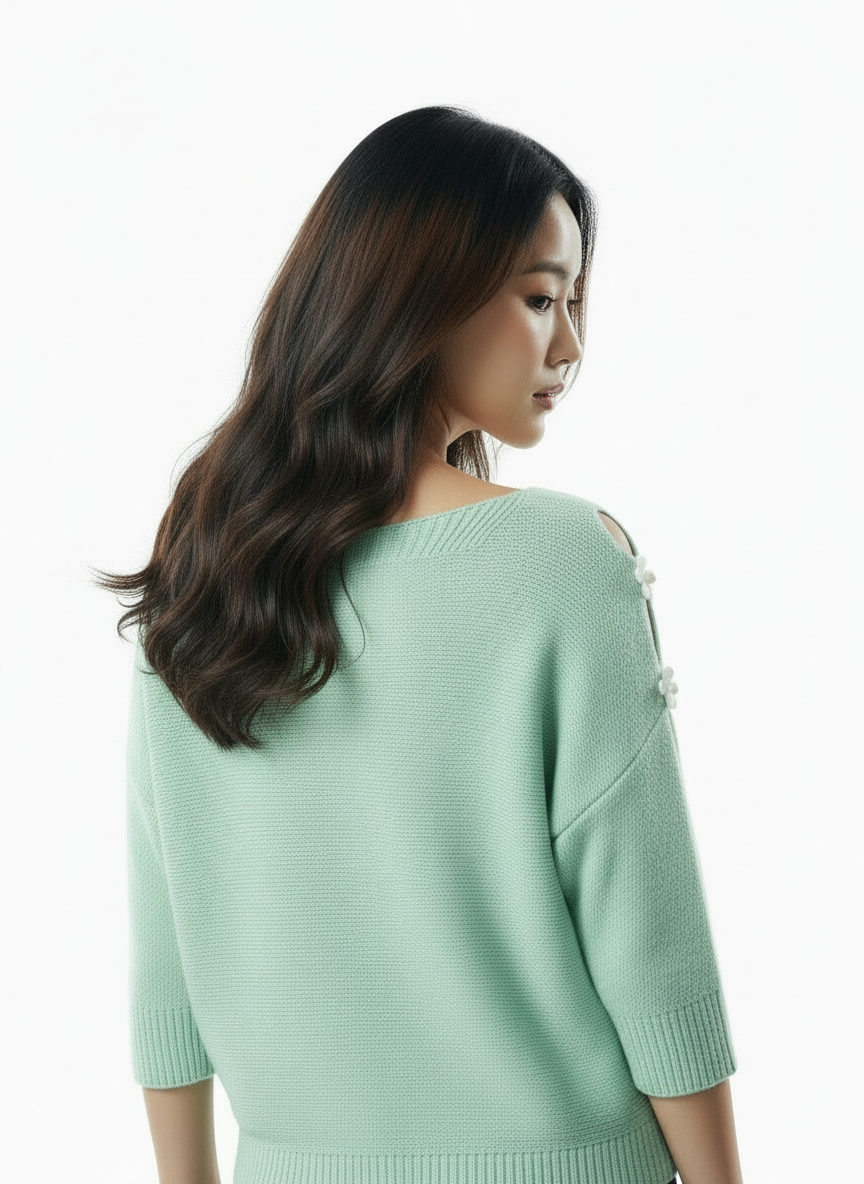 Elegant Cutout Shoulder Knit Sweater - Mint