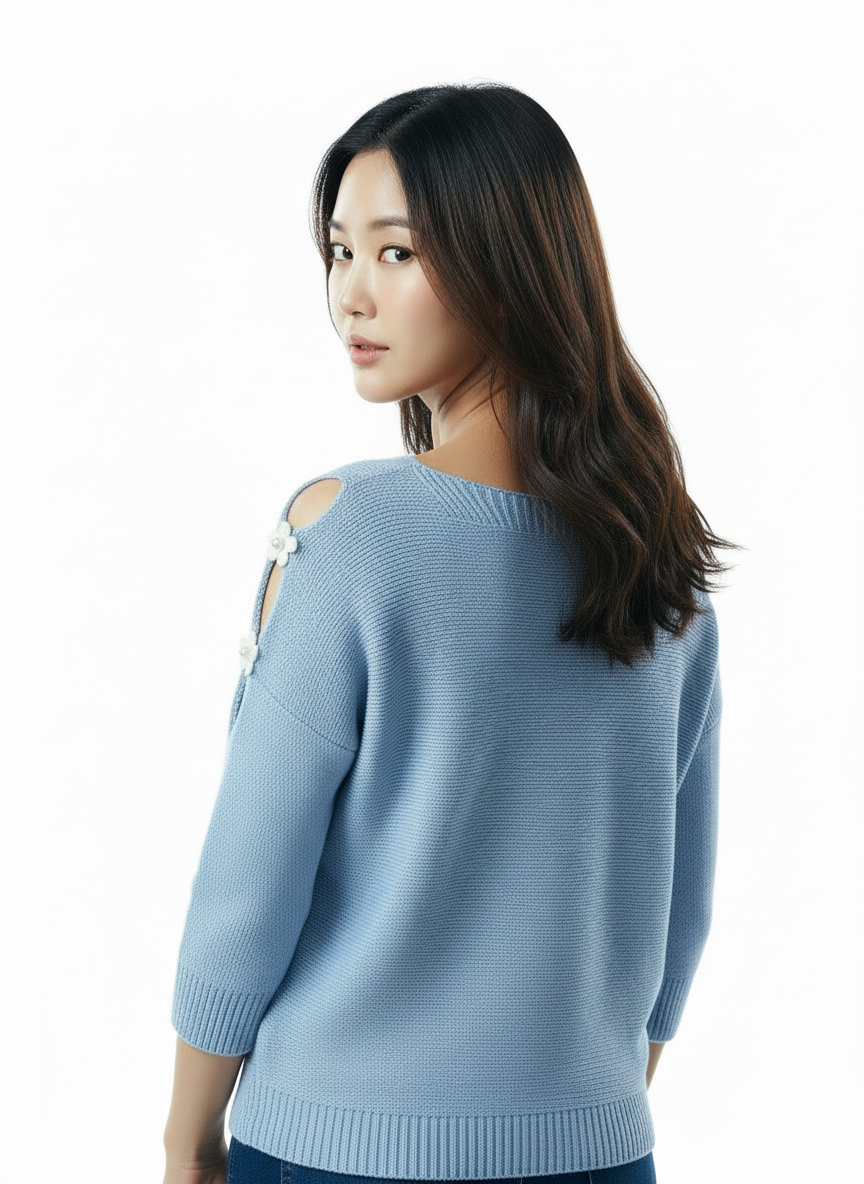 Elegante Gebreide Trui met Cut-out Schouders - Hemelsblauw