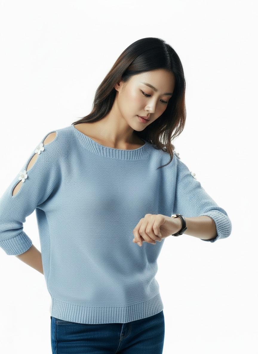 Elegante Gebreide Trui met Cut-out Schouders - Hemelsblauw