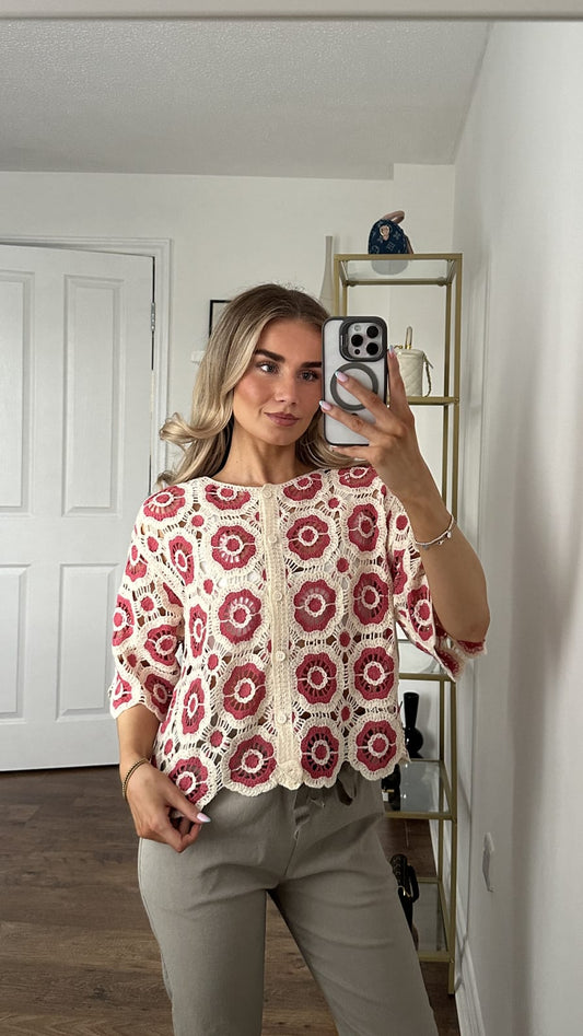 Floral Crochet Button-Front Top - Pink