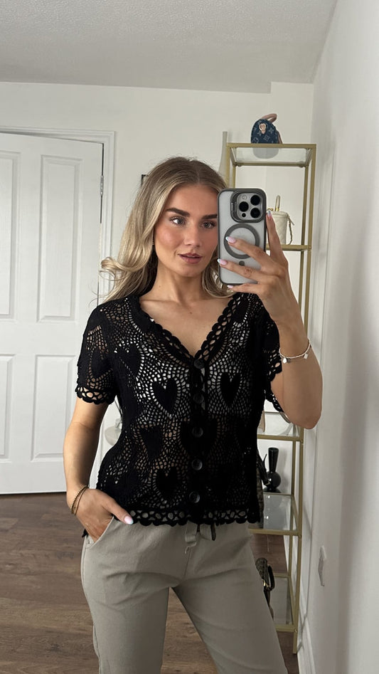 Heart Crochet Button-Front Top - Black