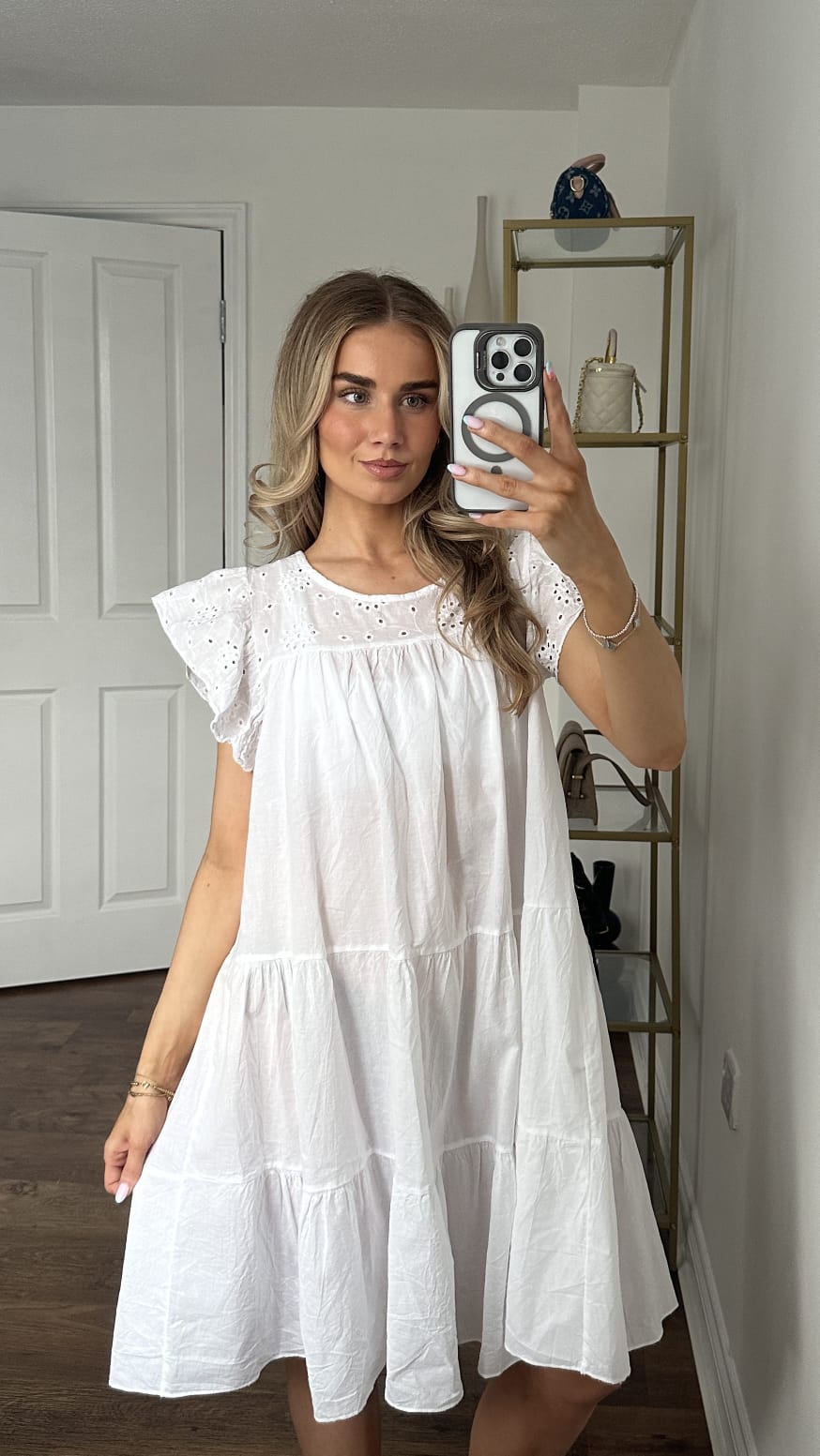 Eyelet Flutter-Sleeve Tiered Mini Dress - White