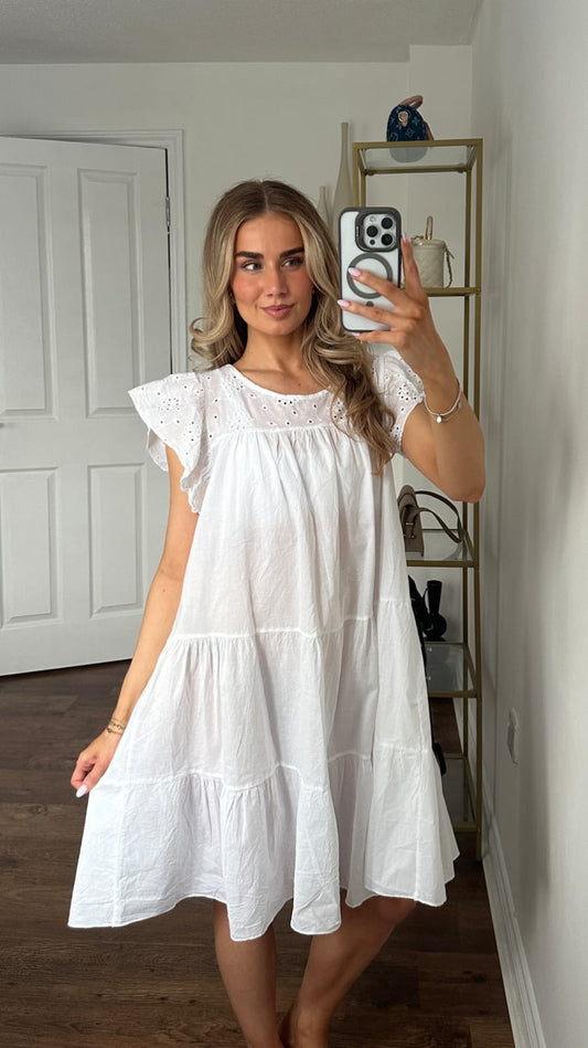 Eyelet Flutter-Sleeve Tiered Mini Dress - White