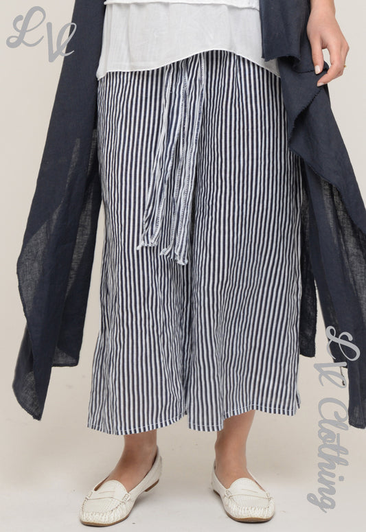 Striped tie-waist linen culottes in navy and white