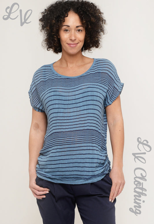 Ladies horizontal striped top in blue with navy lines, short sleeves and draped hem