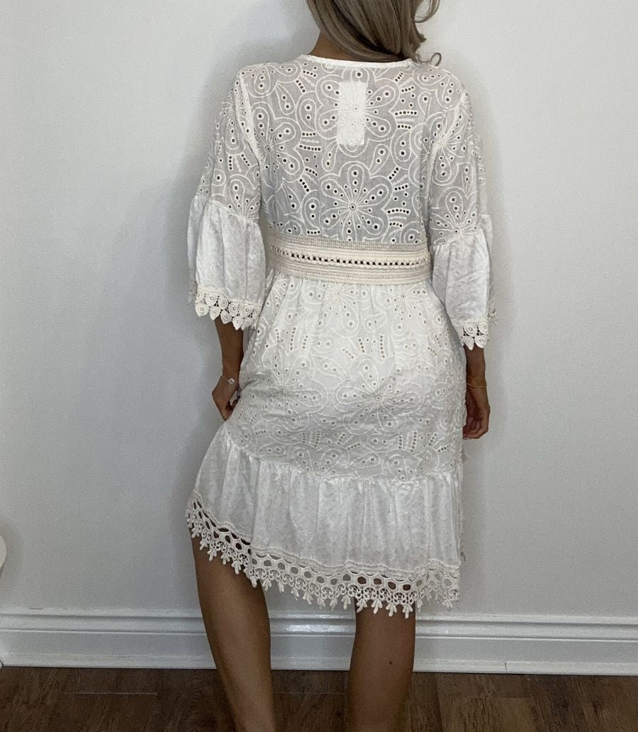 Broderie Anglaise Boho Mini Dress with Gold & Tassel Trim - White