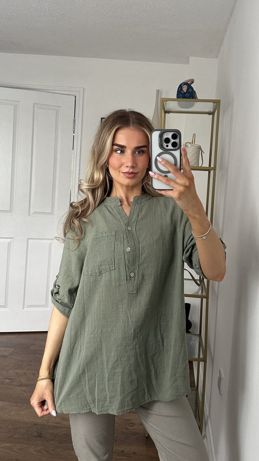 Serene Linen Blend Mandarin Collar Tunic Shirt - Khaki