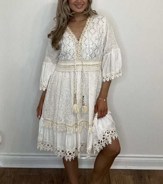 Broderie Anglaise Boho Mini Dress with Gold & Tassel Trim - White