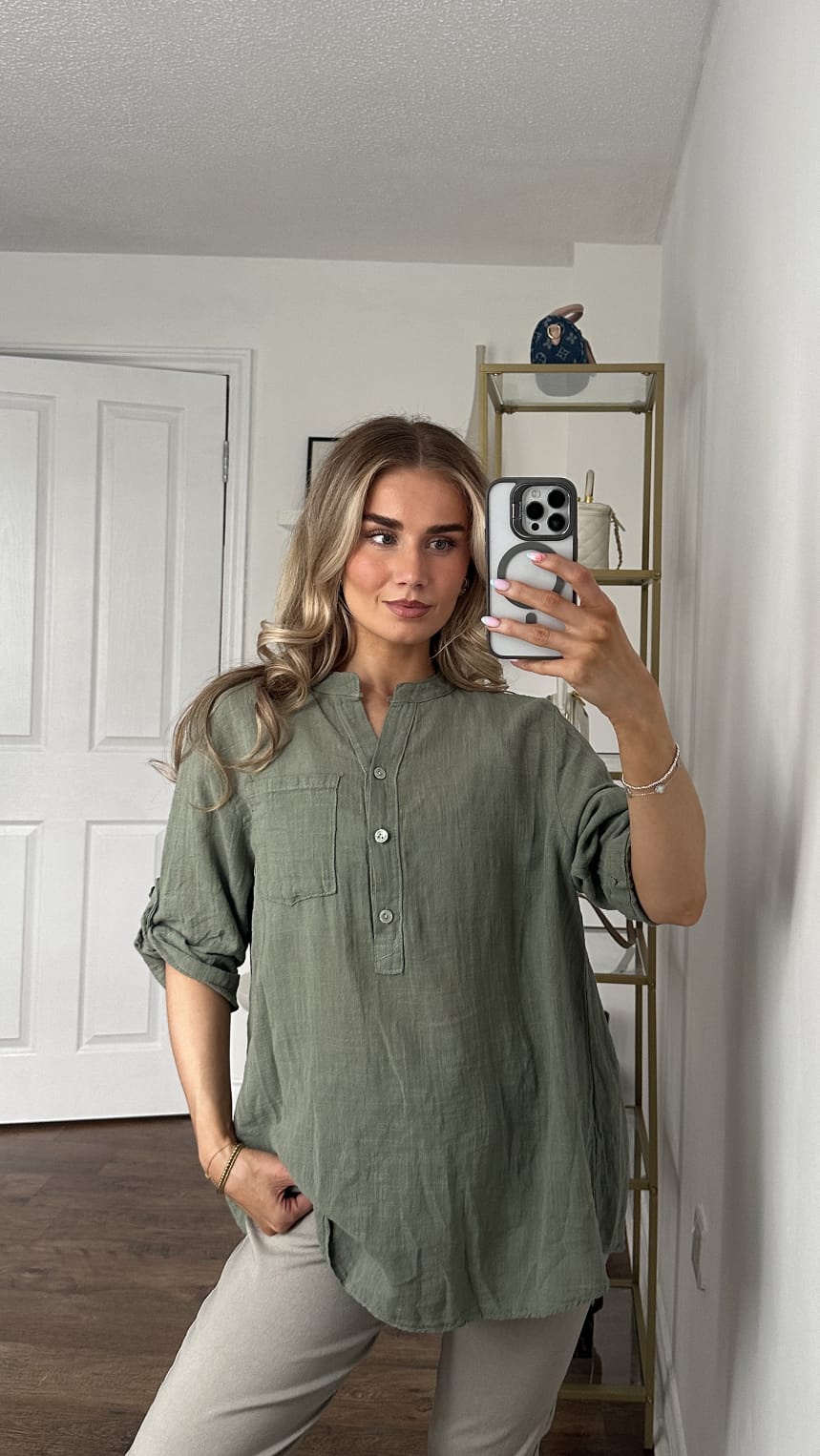 Serene Linen Blend Mandarin Collar Tunic Shirt - Khaki