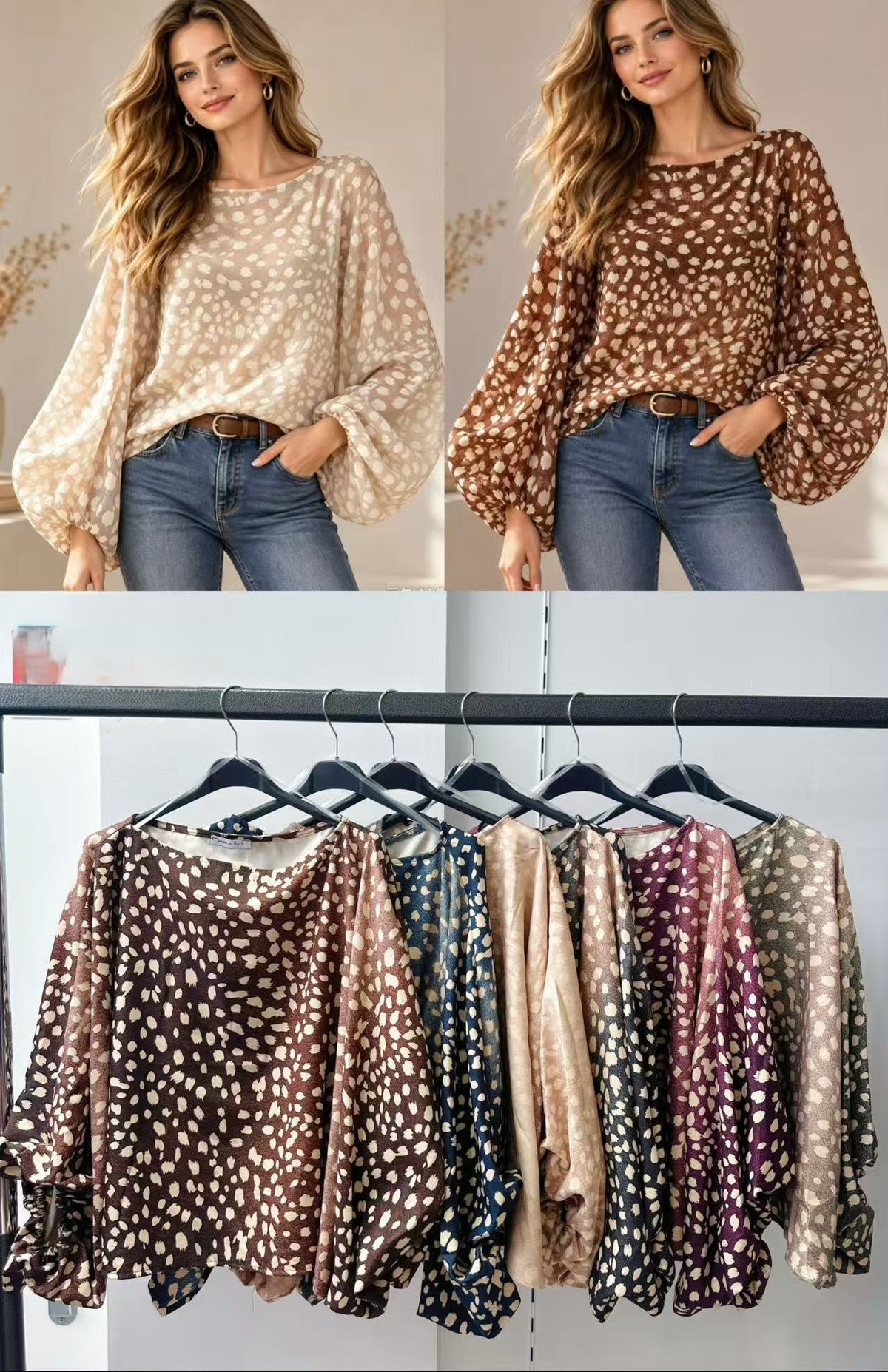 Spotted Print Balloon Sleeve Round Neck Lightweight Boho Top