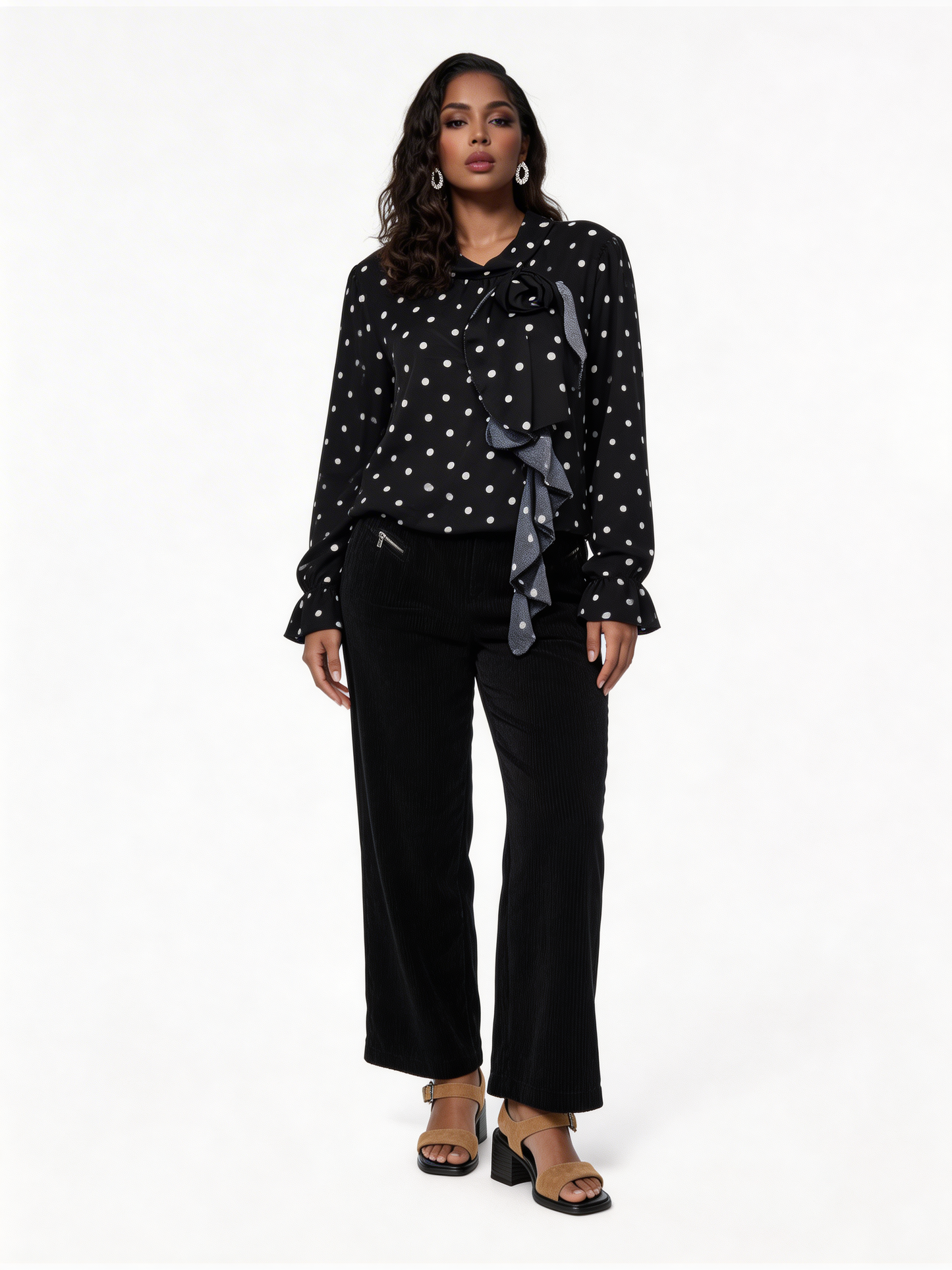 Elegant Polka Dot Ruffle Tie-Neck Blouse - Black